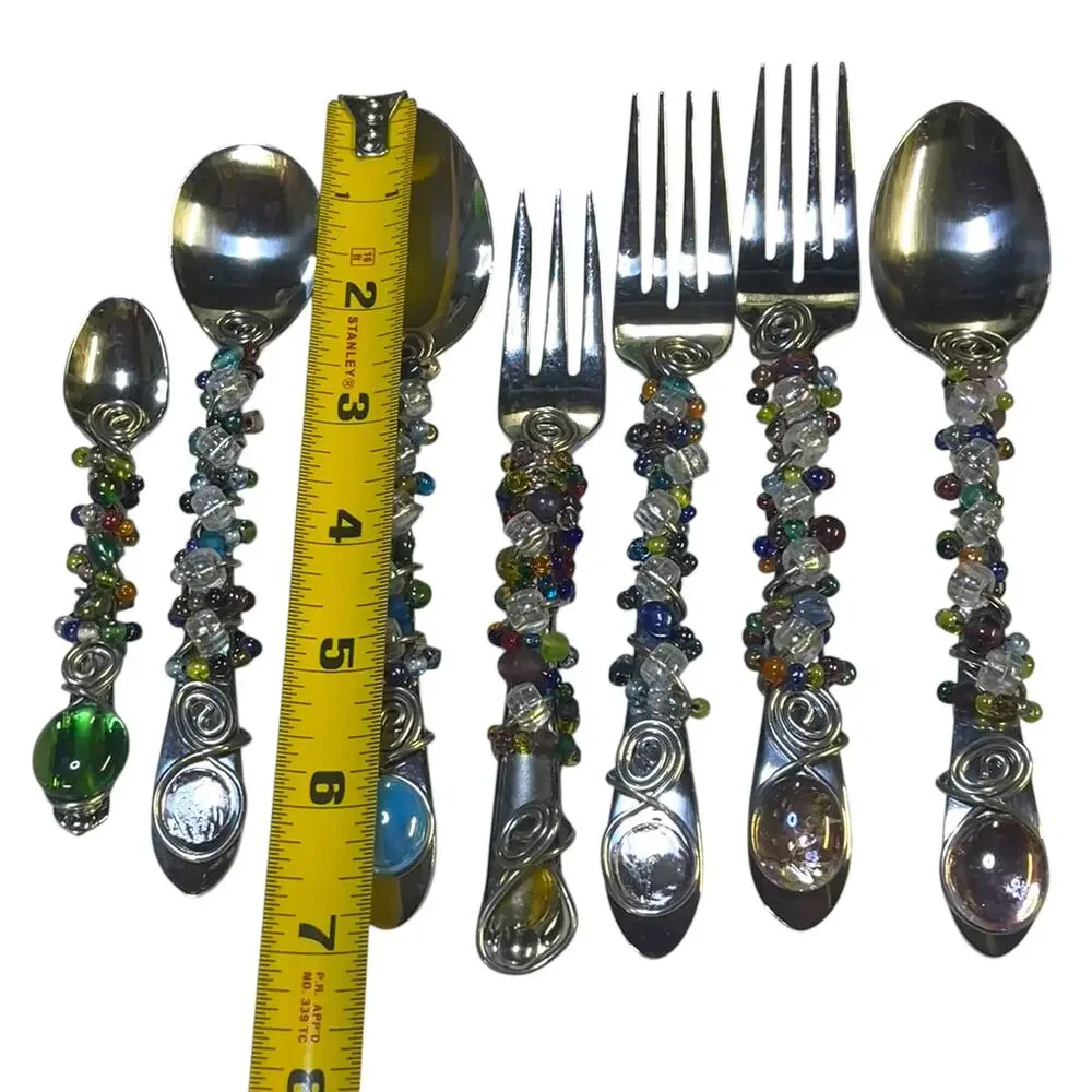9 Pc Artisan Beaded Flatware Set Wire Wrapped Spoons Forks Knife